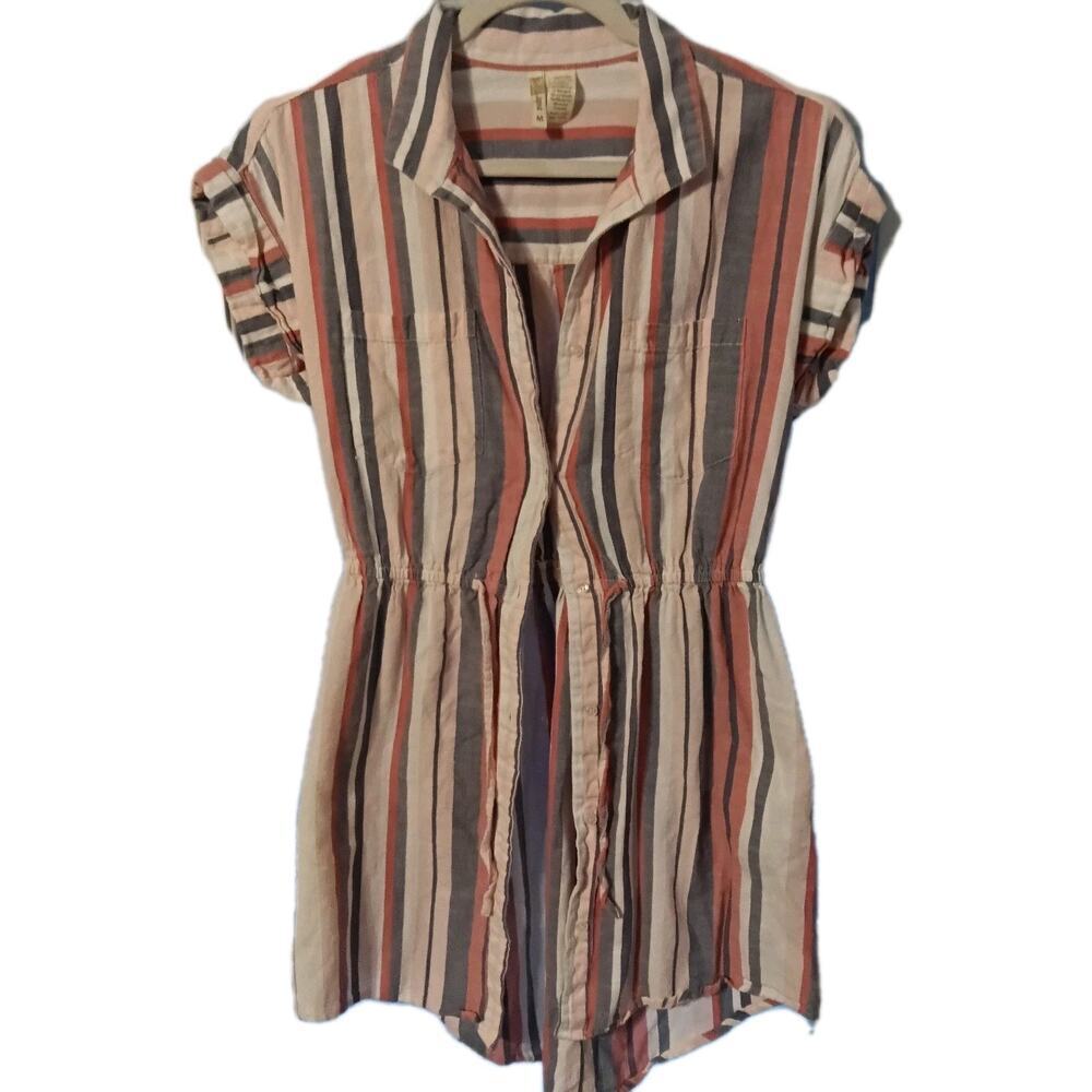 Japna Shirt Dress Sz. Med. Striped Full Button Tie Waist Mini Y2k Pockets